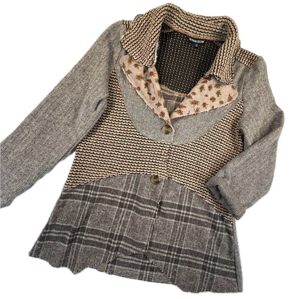 The Pyramid Collection Mixed Pattern Patchwork Blazer Size M Brown Grey Boho